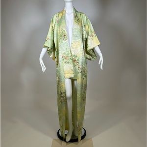 60's Japanese Kimono Silk 3/4 Sleeve Open Front Floral Yellow Green S-M
